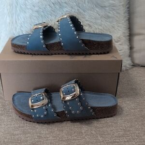 Indigo Blue Sandals with Gold Buckles Brand New The